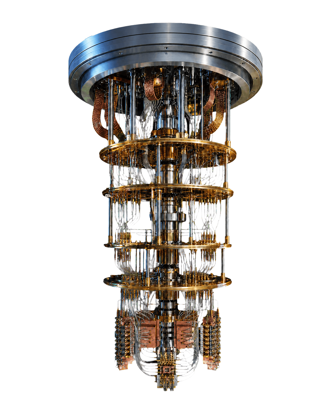 Complete cryogenic quantum computing system with layered brass plates and precision wiring